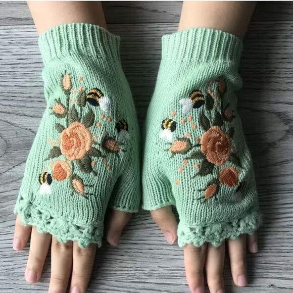 Knit Embroidered Flower Fingerless Gloves in Mint OSFA - Picture 3 of 3